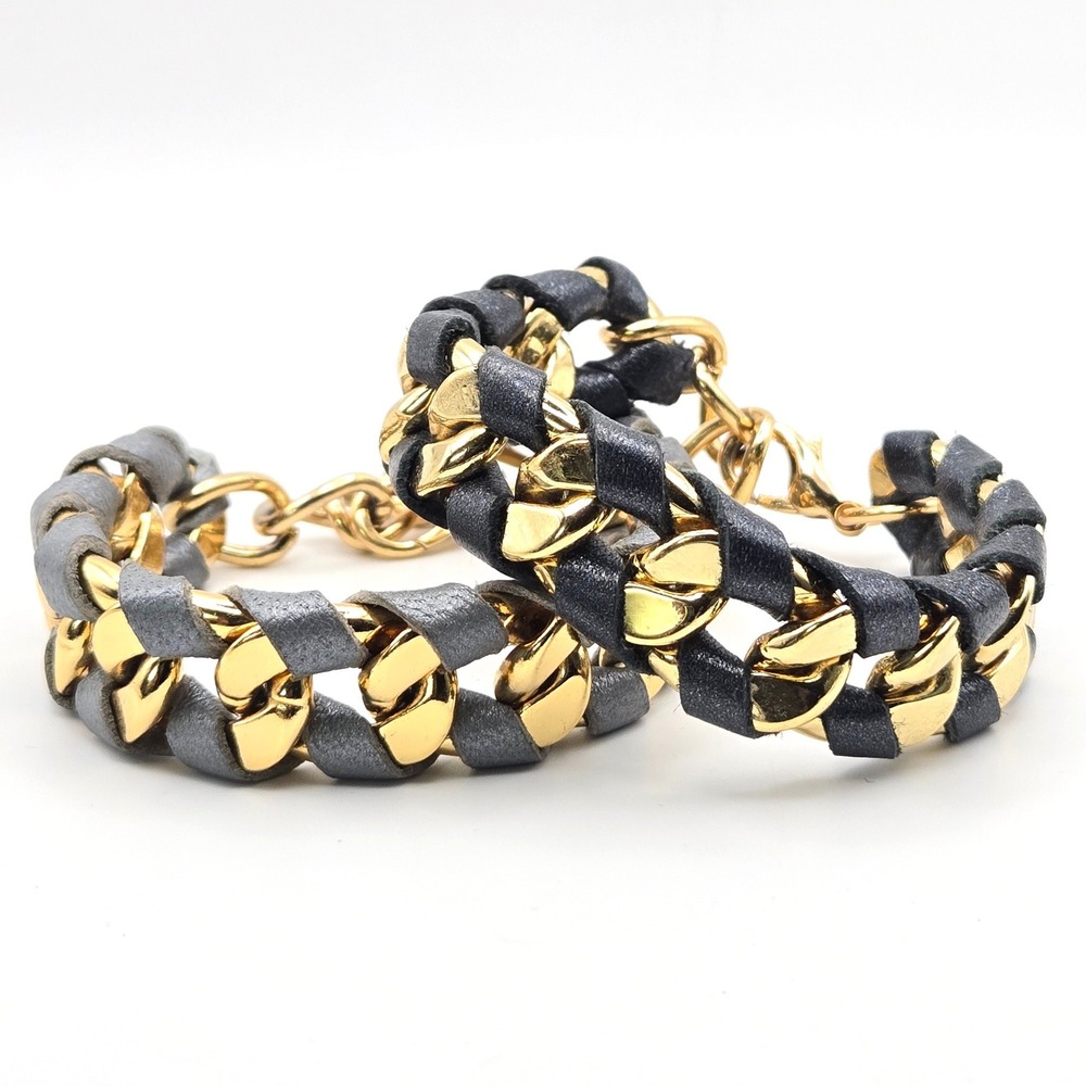 Skinny by Jessica Elliot Leather Wrapped Chain Bracelet Set Gold Tone Black Grey